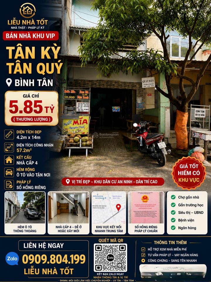 Bán nhà mặt tiền kd hẻm 8m tân kỳ tân quý, bình hưng hòa cn 57,2 m²  ngang 4,2m giá 5,85 t.ỷ