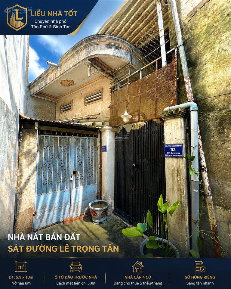 Bán đất tặng nhà cấp 4 sát mặt tiền lê trọng tấn, tây thạnh, tân phú6x10cn57m².k0.lg