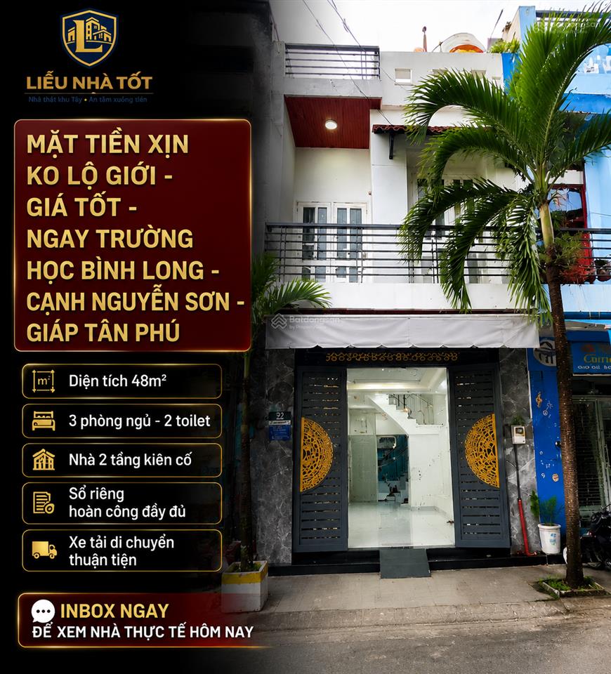 Bán nhà mặt tiền đs 3bkhu bình long nguyễn sơngiáp tân phú48m2hoàn công đủ ko lg5t.ỷ
