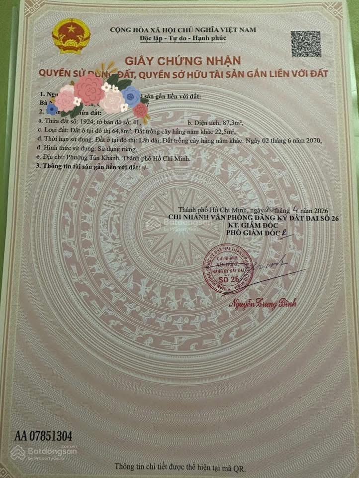 Đất sổ hồng riêng mặt tiền đường nhựa gần chợ gần trường học tân phước khánh