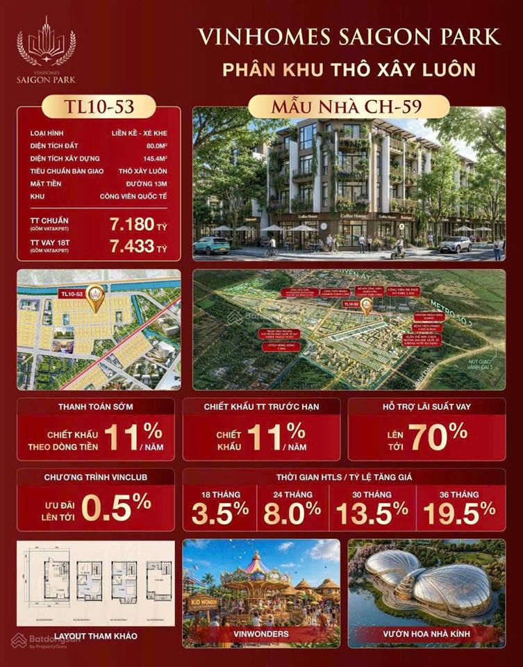 Vinhomes saigon park  nhà liền kề  80m2  4 tầng  8*10m  7tỷ180