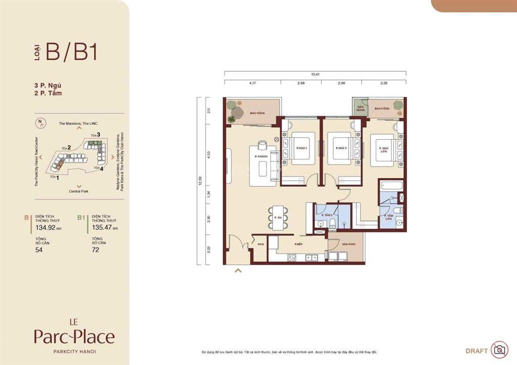 Bán căn le parc place  park city căn 135m2, 3pn (01 slot xe), view công viên, chỉ 14 tỷ