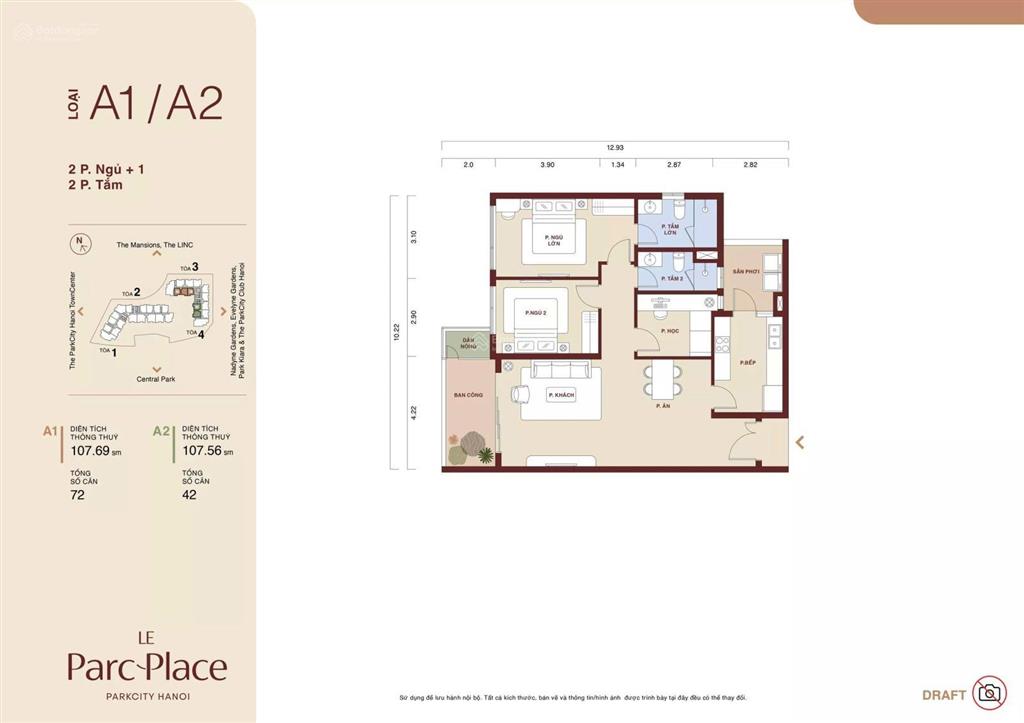 Bán căn le park place  park city căn 107m2, 2pn + 1 (01 slot xe), view công viên, chỉ 11 tỷ.