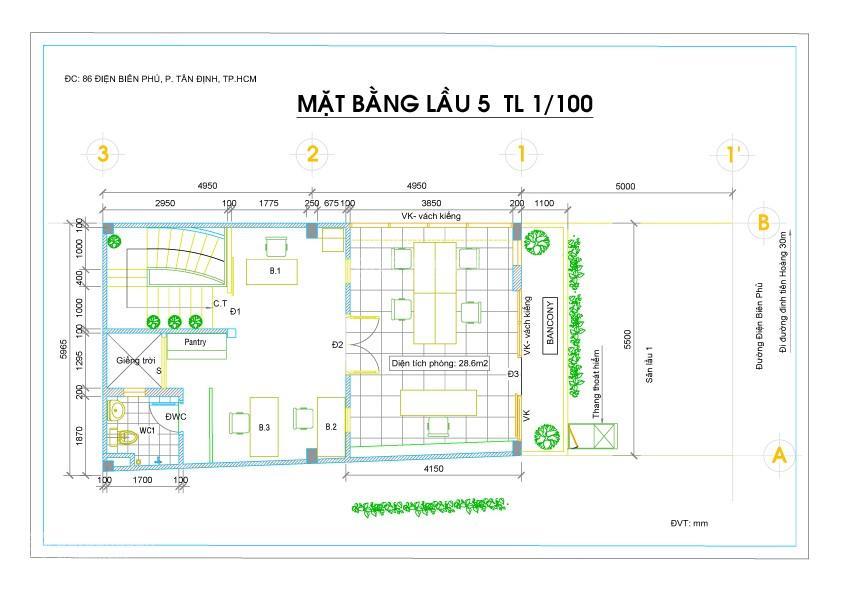 Mặt tiền q1, xanh, thoáng, view đẹp văn phòng(đủ nội thất), yoga, sẵn bàn ghế cao tại ban công