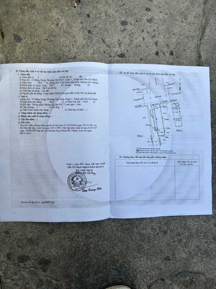 BÁN NHÀ MT SỐ 35 ĐẶNG DUNG PHƯỜNG TÂN ĐỊNH QUẬN 1 (94M2 SHR 33 TỶ) LH:0938627299.