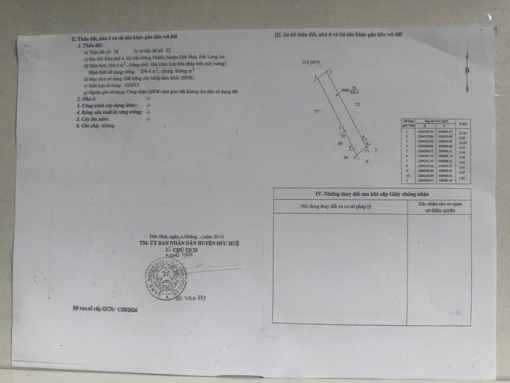 BÁN ĐẤT XÃ ĐỨC HUỆ - TÂY NINH MỚI. DT 10x80 SẴN SHR 4.5 TỶ. LH:0902414014