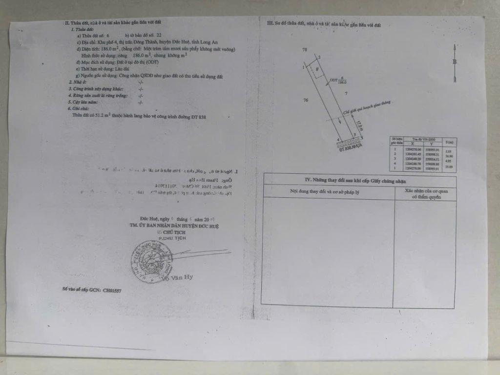 BÁN ĐẤT XÃ ĐỨC HUỆ - TÂY NINH MỚI. DT 10x80 SẴN SHR 4.5 TỶ. LH:0902414014