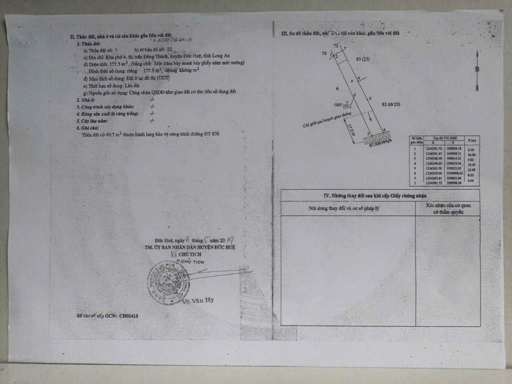 BÁN ĐẤT XÃ ĐỨC HUỆ - TÂY NINH MỚI. DT 10x80 SẴN SHR 4.5 TỶ. LH:0902414014