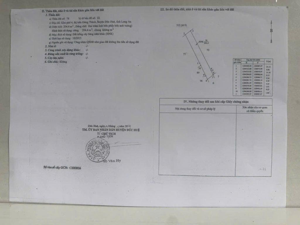 BÁN ĐẤT XÃ ĐỨC HUỆ - TÂY NINH MỚI. DT 10x80 SẴN SHR 4.5 TỶ. LH:0902414014