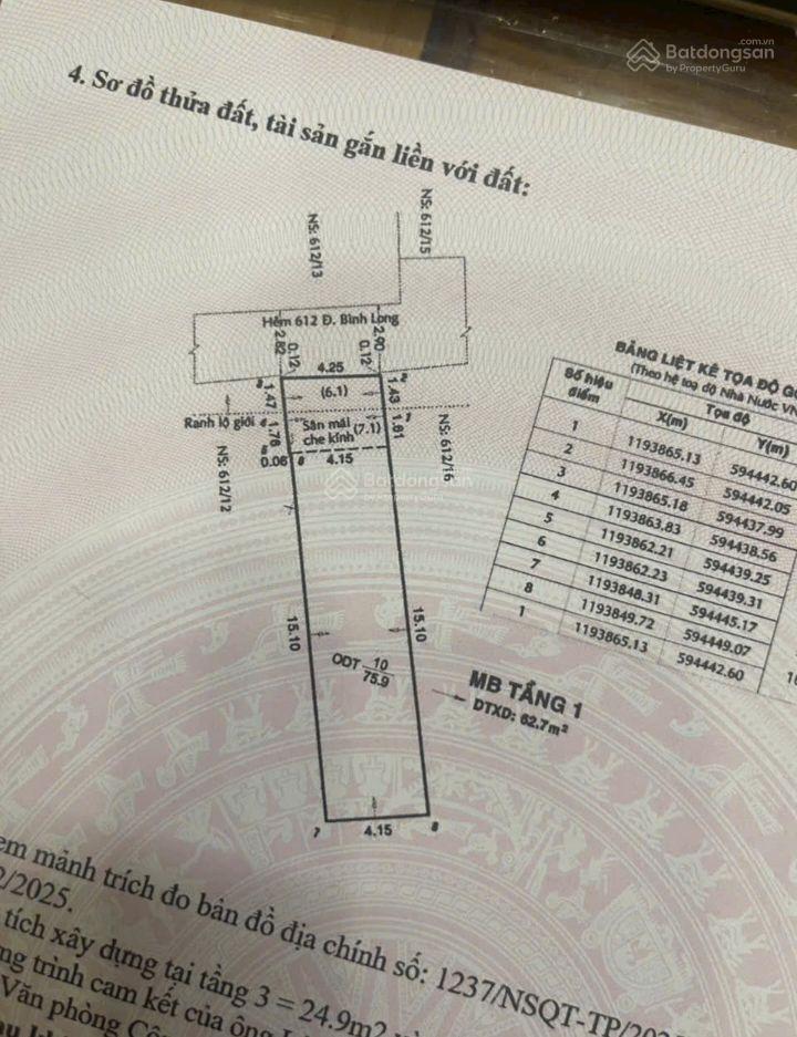 Bán gấp nr 75.9m2, diện tích sàn 172.8m2 ,4pn, 4wc tại bình long, tân phú, thương lượng 6,75 tỷ vnd