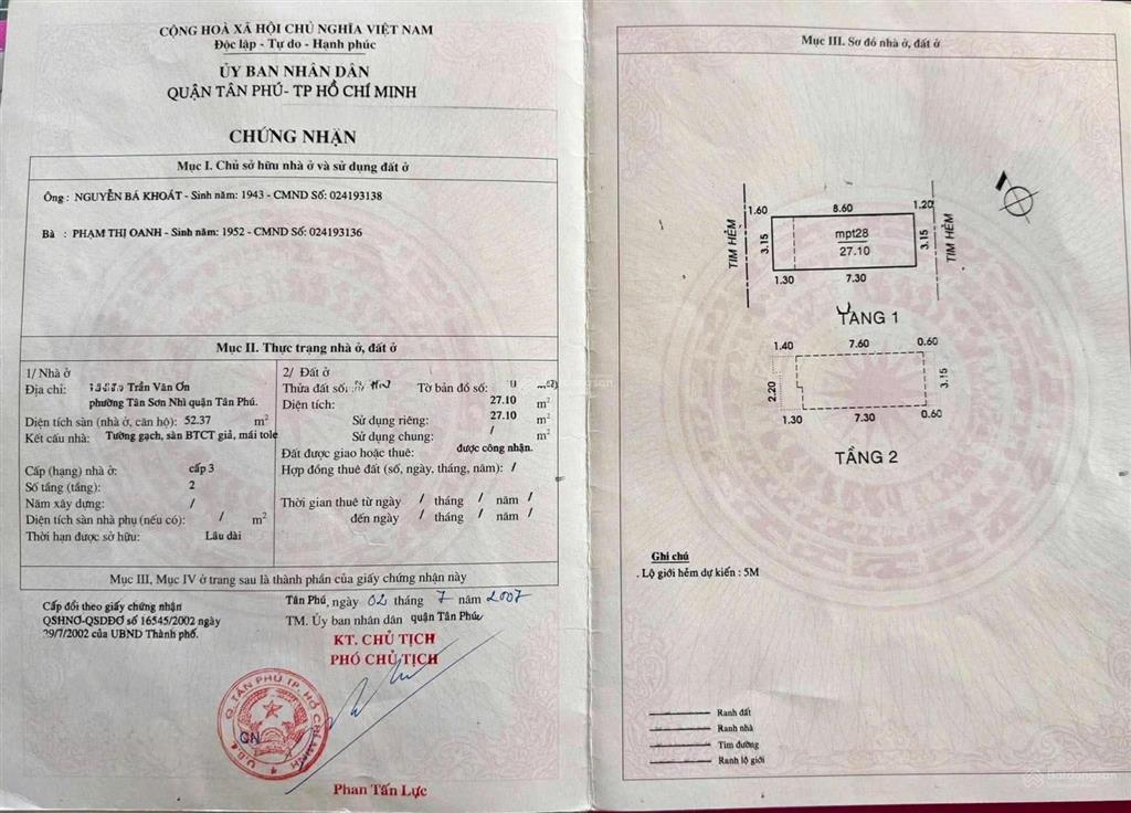 Bán nr tại trần văn ơn, tân phú hẻm ô tô giá thương lượng 3,95 tỷ, 28m2, 2pn, 2wc nhà mới alo