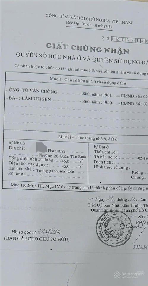 Bán gấp nhà riêng 45m2, giá thương lượng 4,5 tỷ tại trần thị báo, tân phú, tp.hcm hẻm ba gác
