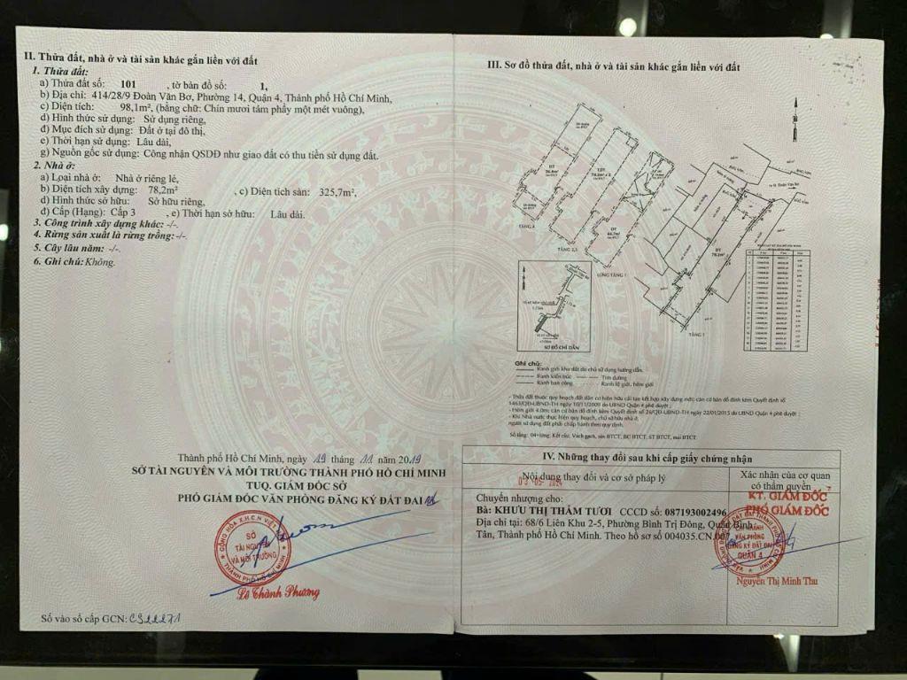 Bán nhà 414/28/9 Đoàn Văn Bơ, P.Khánh Hội, TPHCM. 99m2 SHR chỉ 9.8 tỷ. Lh: 0917873287