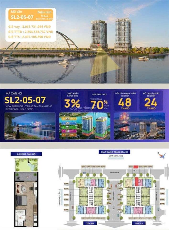 Sun slight đà nẵng, căn studio sân vườn tầng 5  view trực diện sông hàn, giá gốc cđt sun group.