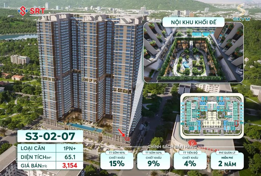 Duy nhất 1 căn khối đế tầng 2 sky m mã căn s3  02  07 loại 1pn + diện tích 65,1m2