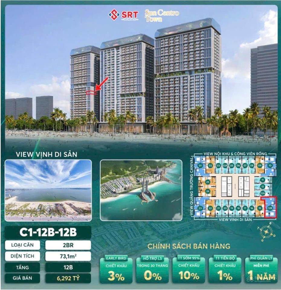 Bán cc 2pn, 2wc tại sun centro town, 6,292 tỷ, 73.1m2