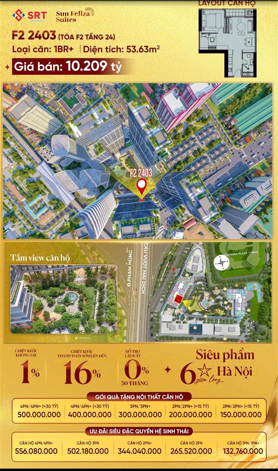 Bán căn hộ 1pn+ tầng 24 sun feliza suites view nội khu trung tâm hà nội chính chủ gửi bán că