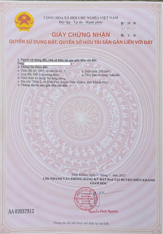 Bán đất diên khánh giáp ranh nha trang cách biển 10km, full thổ cư 203m2 chỉ 6 tr/m2