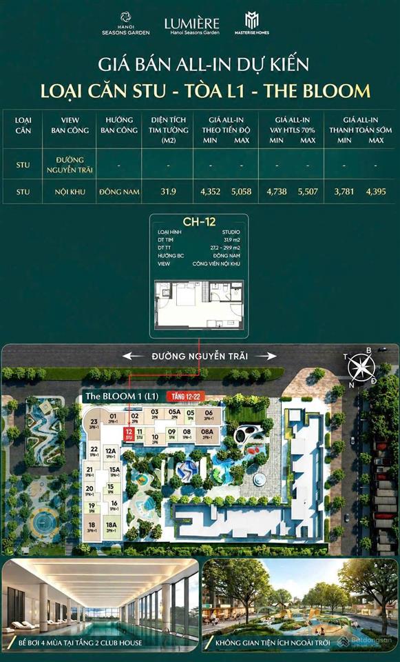 Studio cao cấp chỉ từ 3,7 tỷ tại lumière hanoi seasons garden  trung tâm nguyễn trãi