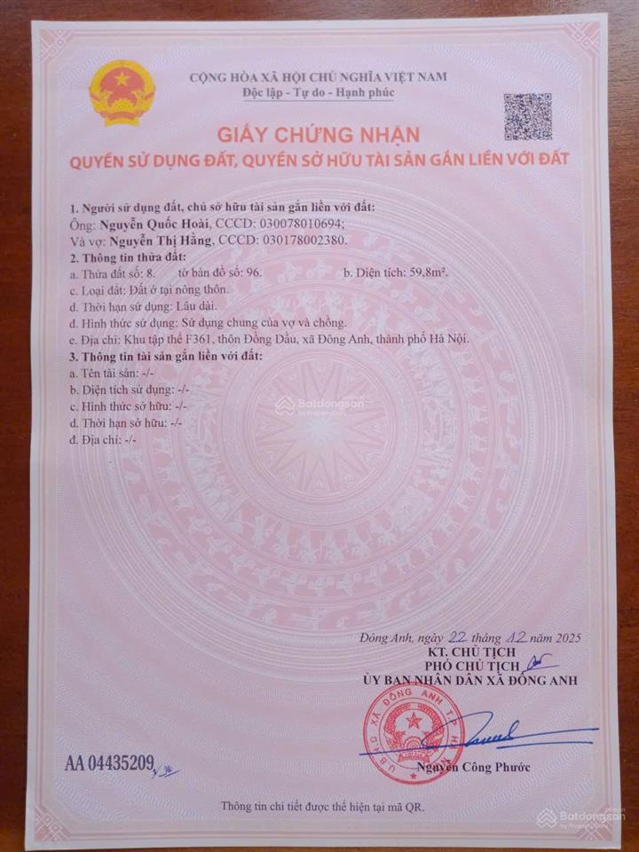 Bán đất ở 60m2 chính chủ tại khu tập thể f361, thông đồng dầu, đông anh, hà nội