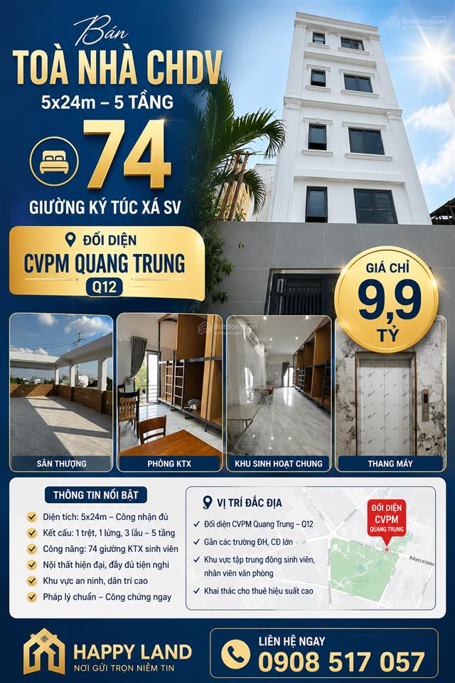 Bán tòa nhà căn hộ dịch vụ quận 12 thu nhập 6090 triệu/tháng, giá chỉ 9,9 tỷ