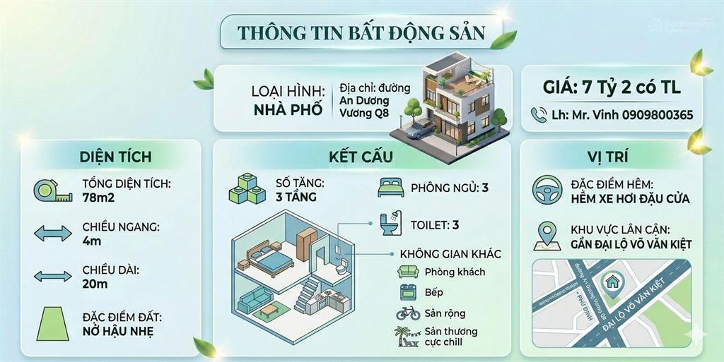 Nhà đẹp 3 tầng 78m2( 4 x 20m) 3pn hẻm xe hơi an dương vương q8 ngay võ văn kiệt giá 7 tỷ nhỉnh