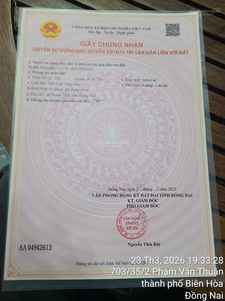 Bán đất gần phước thái, 1,1 tỷ, 100m2, mặt tiền rộng 10m, pháp lý đầy đủ