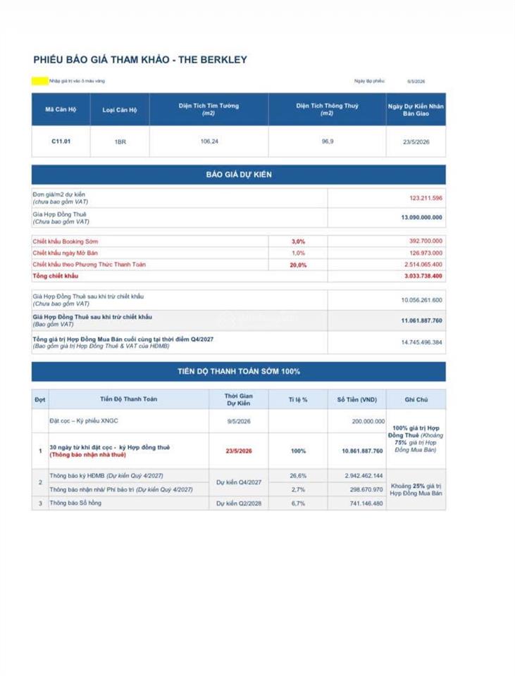 Căn c.06.05 2pn giá 12.480 tỷ all in