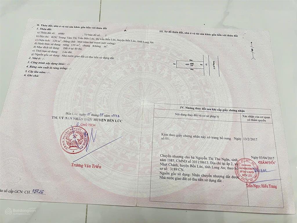 Chính chủ cần bán đất thổ kdc trung tâm tt bến lức cách hcm 30 phút lx.  0817 921 ***