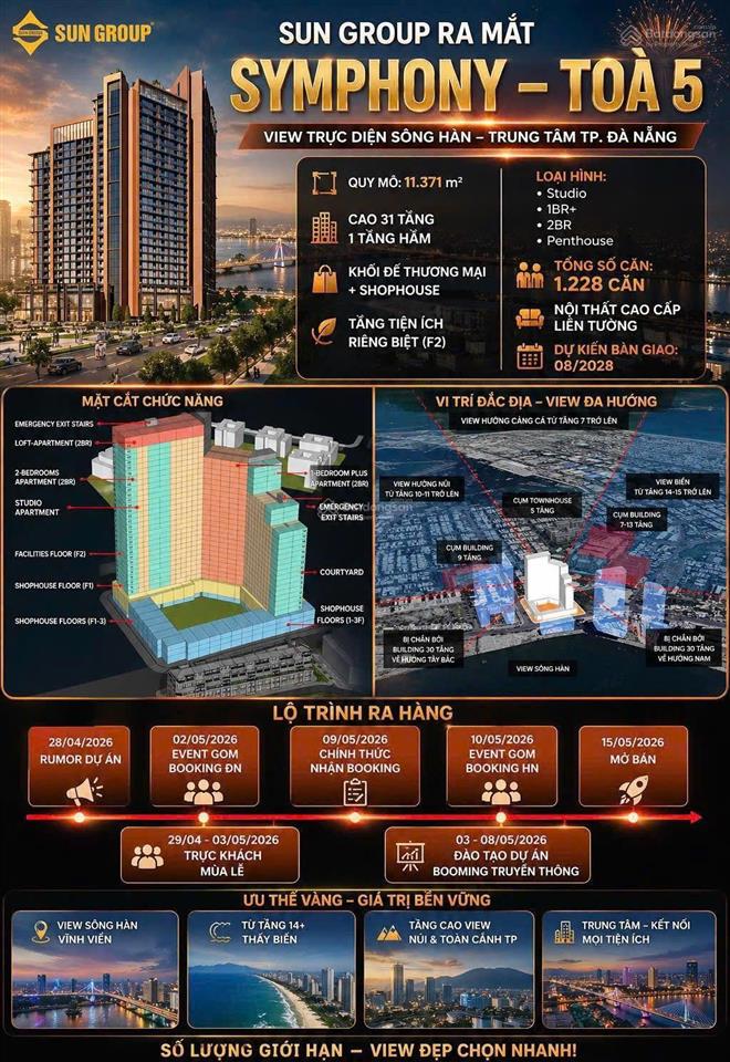 Sun symphony residence ưu tiên booking căn 1n+ 50,3m² giá từ 3 tỷ  view sông hàn hiếm có