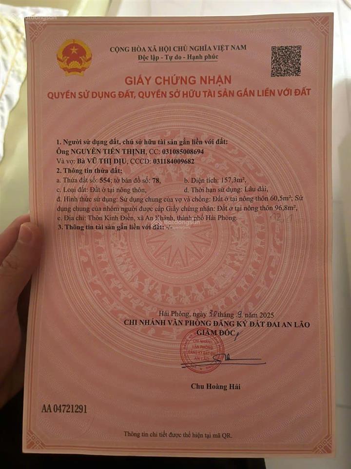 Chính chủ cần tiền bán nhanh lô đất tại tân viên  an lão. cách kcn cẩm văn chỉ 1km  ô tô đỗ cửa