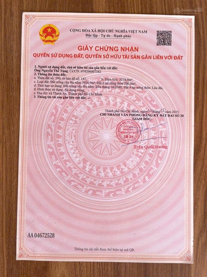 Cần bán gấp đất xã định hiệp dầu tiếng. dt 3,234.9m2 có nhà cấp 4 27m mặt tiền, 200mtc. giá 1.85 tỷ