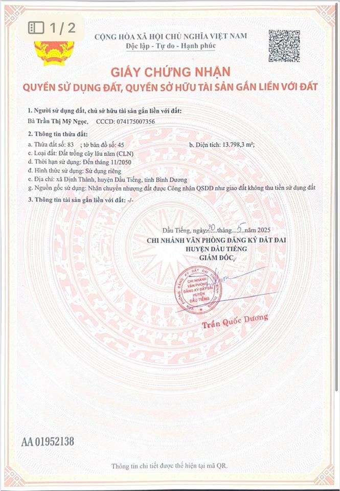 Bán 13.798m2 đất cao su xã định thành dầu tiếng, 140m mt. full hồng. giá 5 tỷ tl.  0936 419 ***