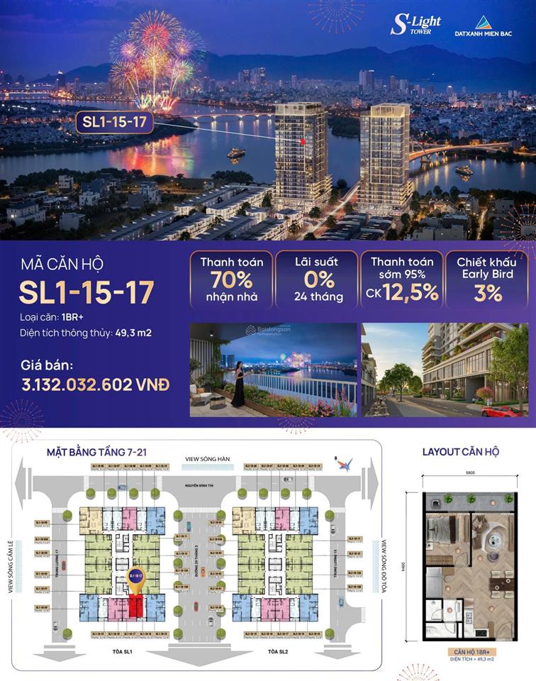 Bán căn hộ 1pn+ view sông hàn slight tower đà nẵng | 49,3m² | chỉ 3,13 tỷ
