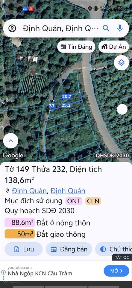 Bán đất mặt tiền đường nhựa định quán, đồng nai. giá 620 tr