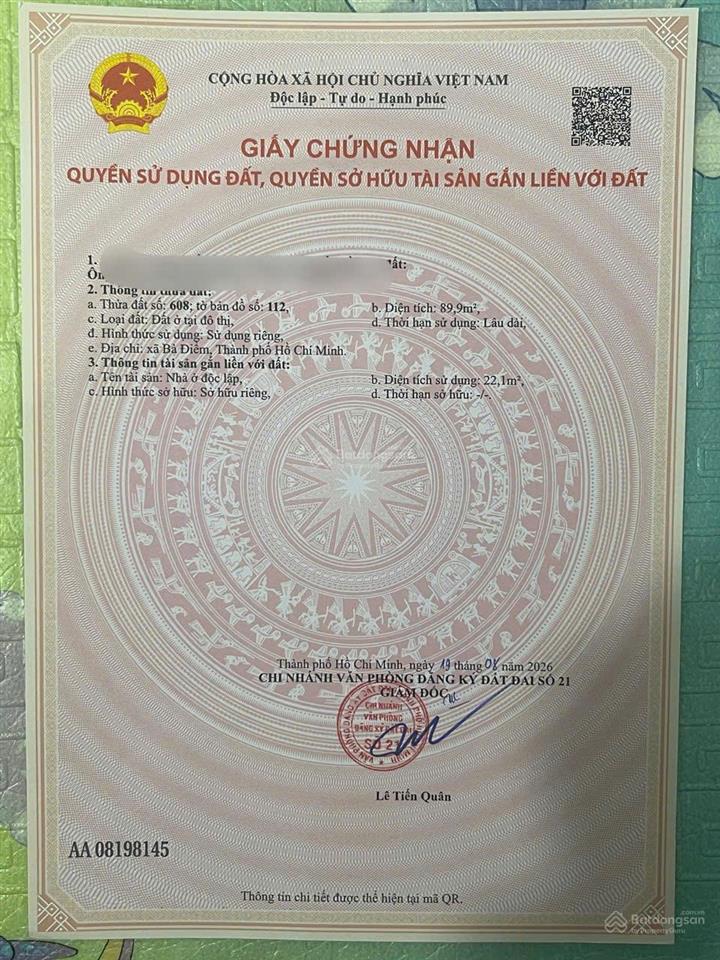 Bán đất sổ hồng riêng 1/đường mỹ huề, trung chánh cũ nay là xã bà điểm 5mx18m giá 3,5 tỷ còn bớt