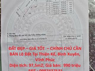 ĐẤT ĐẸP – GIÁ TỐT  – CHÍNH CHỦ CẦN BÁN Lô Đất Tại Thiện Kế, Bình Xuyên, Vĩnh Phúc