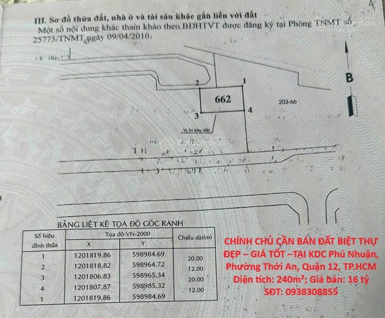 CHÍNH CHỦ CẦN BÁN ĐẤT BIỆT THỰ ĐẸP – GIÁ TỐT –TẠI KDC Phú Nhuận, Phường Thới An, Quận 12,