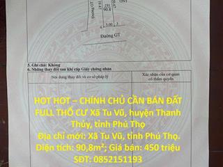 HOT HOT – CHÍNH CHỦ CẦN BÁN ĐẤT FULL THỔ CƯ Xã Tu Vũ, huyện Thanh Thủy, tỉnh Phú Thọ