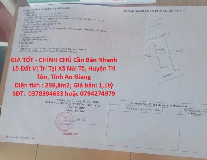 GIÁ TỐT - CHÍNH CHỦ Cần Bán Nhanh Lô Đất Vị Trí Tại Xã Núi Tô, Huyện Tri Tôn, Tỉnh An