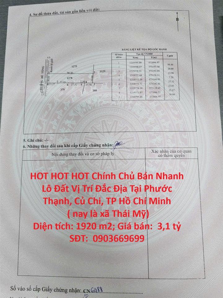 HOT HOT HOT Chính Chủ Bán Nhanh Lô Đất Vị Trí Đắc Địa Tại Phước Thạnh, Củ Chi, TP Hồ Chí