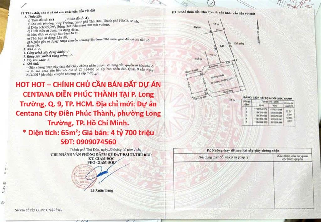 HOT HOT – CHÍNH CHỦ CẦN BÁN ĐẤT DỰ ÁN CENTANA ĐIỀN PHÚC THÀNH TẠI P. Long Trường, Q. 9,