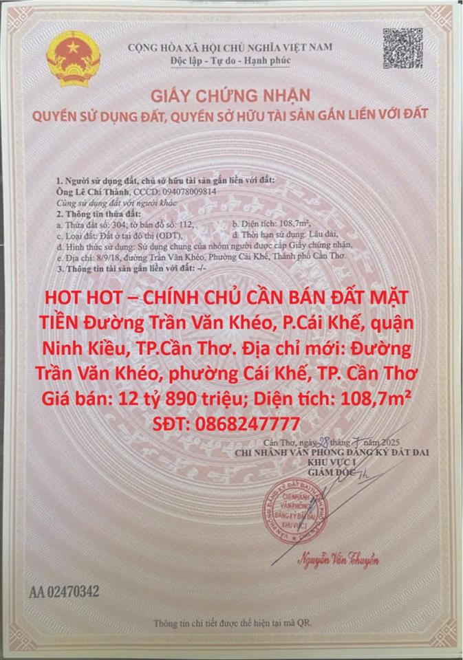 HOT HOT – CHÍNH CHỦ CẦN BÁN ĐẤT MẶT TIỀN Đường Trần Văn Khéo, P.Cái Khế, quận Ninh Kiều,