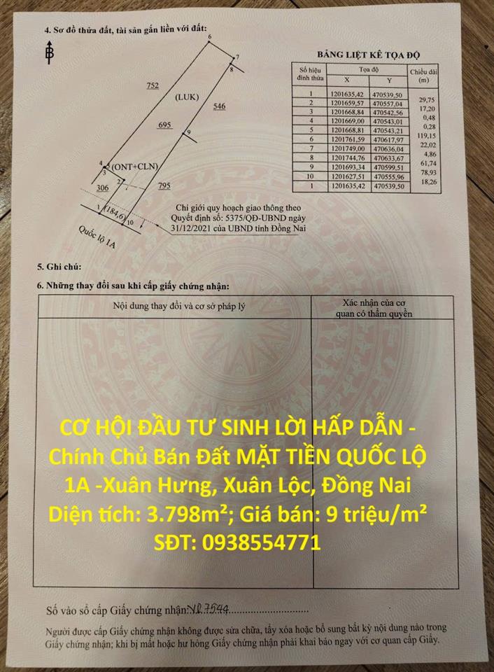 CƠ HỘI ĐẦU TƯ SINH LỜI HẤP DẪN -Chính Chủ Bán Đất MẶT TIỀN QUỐC LỘ 1A -Xuân Hưng, Xuân