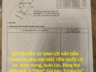 CƠ HỘI ĐẦU TƯ SINH LỜI HẤP DẪN -Chính Chủ Bán Đất MẶT TIỀN QUỐC LỘ 1A -Xuân Hưng, Xuân
