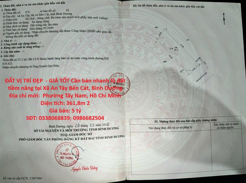 ĐẤT VỊ TRÍ ĐẸP  - GIÁ TỐT Cần bán nhanh lô đất tiềm năng tại Xã An Tây Bến Cát, Bình Dương