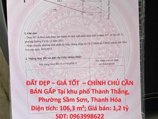 ĐẤT ĐẸP – GIÁ TỐT  – CHÍNH CHỦ CẦN BÁN GẤP Tại khu phố Thành Thắng, Phường Sầm Sơn, Thanh