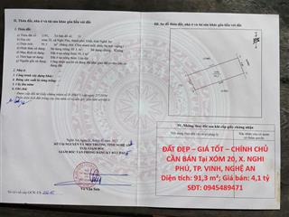 ĐẤT ĐẸP – GIÁ TỐT – CHÍNH CHỦ CẦN BÁN Tại XÓM 20, X. NGHI PHÚ, TP. VINH, NGHỆ AN