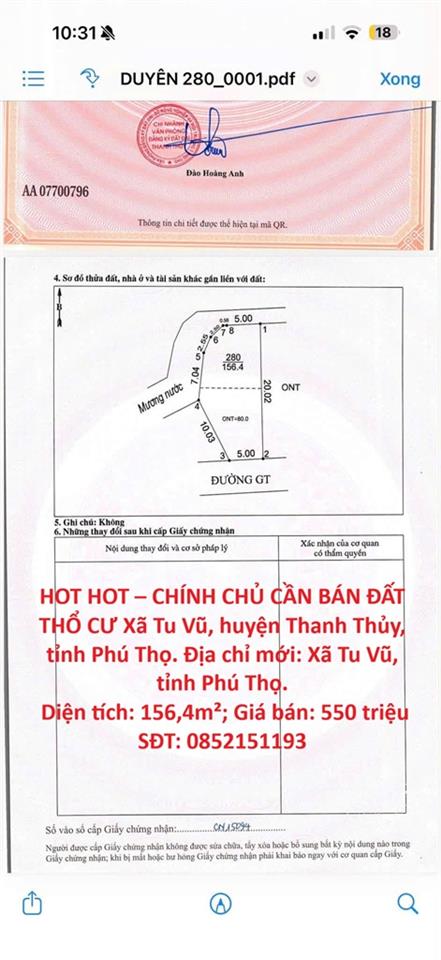 HOT HOT – CHÍNH CHỦ CẦN BÁN ĐẤT THỔ CƯ Xã Tu Vũ, huyện Thanh Thủy, tỉnh Phú Thọ