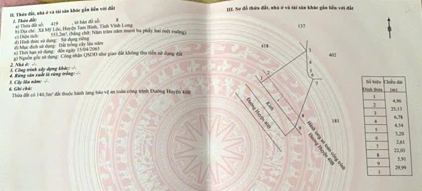ĐẦU TƯ SINH LỜI - Chính Chủ Bán Lô Đất Mặt Tiền Đường huyện 40B  Xã Mỹ Lộc, Tam Bình,